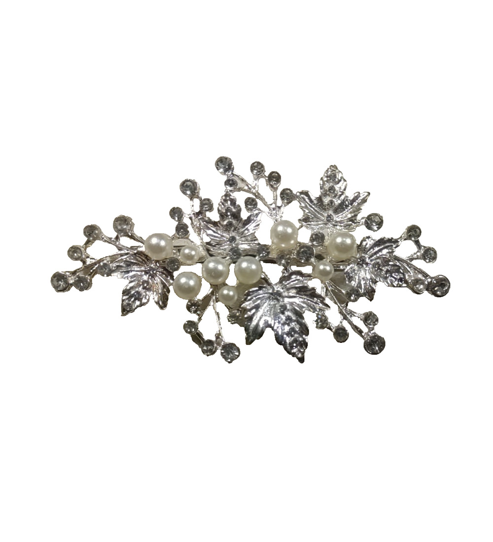 Hair Barrette Clip Silver Tone Faux Pearls Rhinestone Large Classic Feminine...